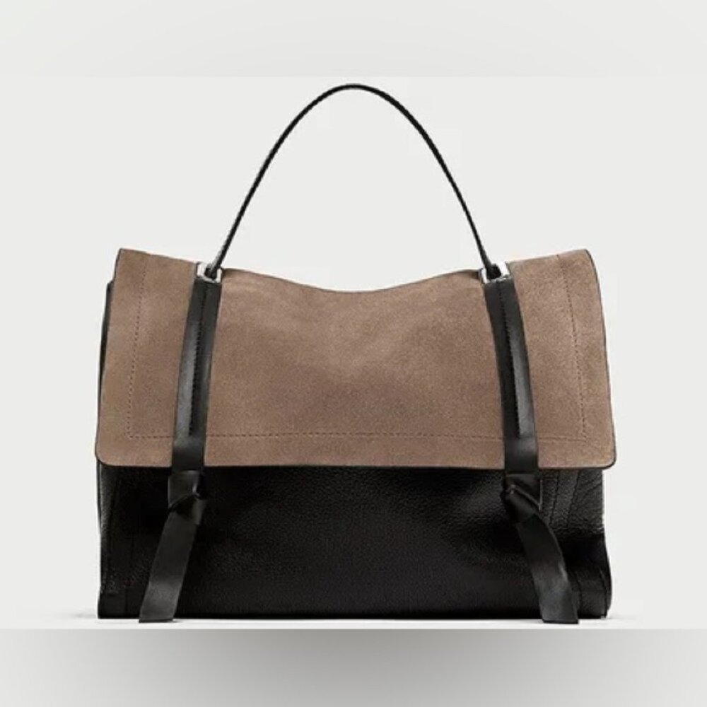 Zara Crossbody Satchel Suede Leather Taupe Black Women’s Minimalist Quiet Luxury
